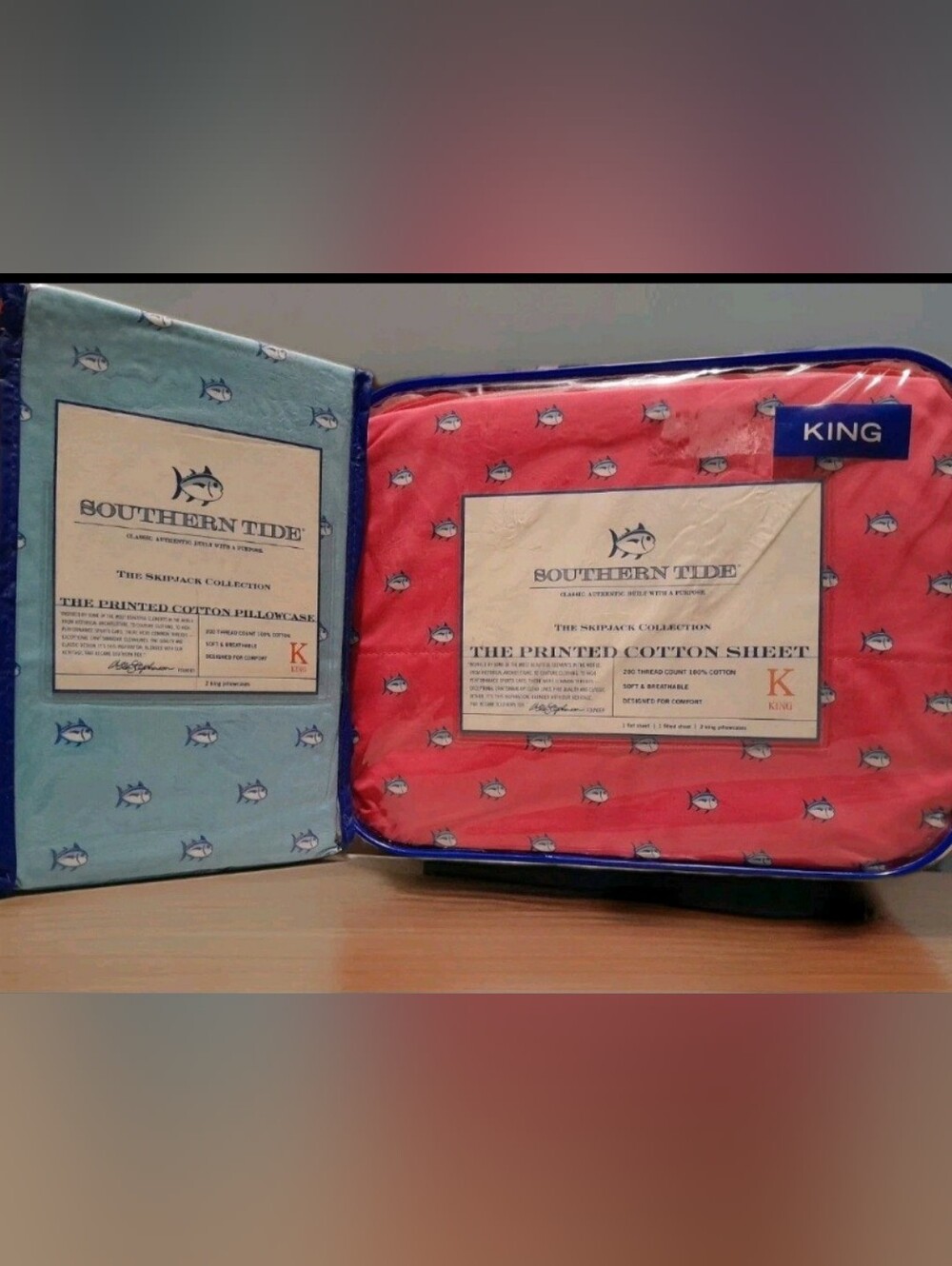 New Southern Tide King size 6pc Sheet set SkipJack Pink And Blue